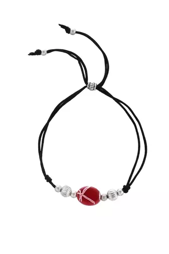 Silver plated red charm & beads black thread anklet