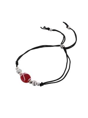 Silver plated red charm & beads black thread anklet 4