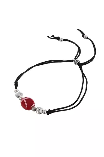 Silver plated red charm & beads black thread anklet