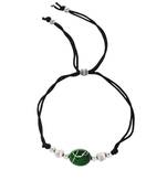 Silver plated green charm & beads black thread anklet
