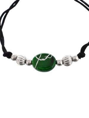 Silver plated green charm & beads black thread anklet 2
