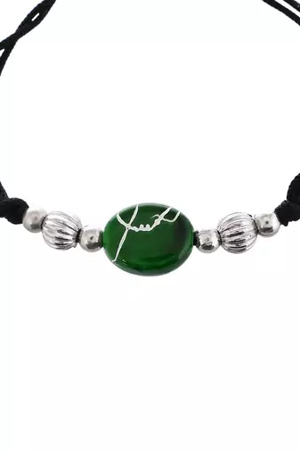 Silver plated green charm & beads black thread anklet