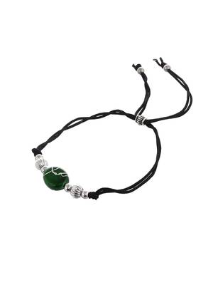 Silver plated green charm & beads black thread anklet 3