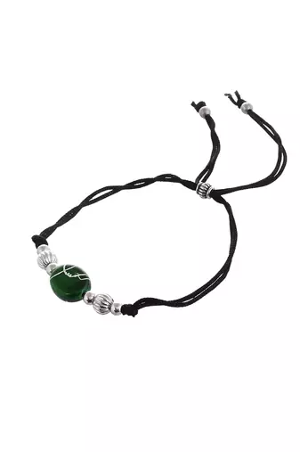 Silver plated green charm & beads black thread anklet