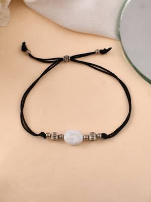 silver plated beadd & white charm  black  thread anklet 2