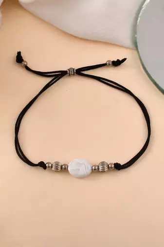 silver plated beadd & white charm  black  thread anklet