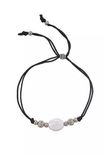 silver plated beadd & white charm  black  thread anklet