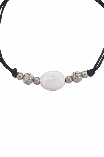 silver plated beadd & white charm  black  thread anklet