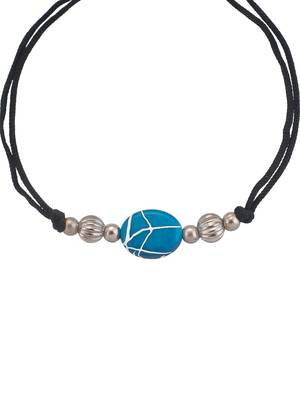 Silver plated beads & blue charm black thread anklet 3