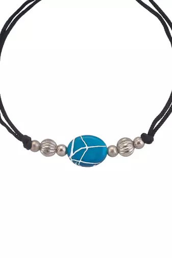 Silver plated beads & blue charm black thread anklet