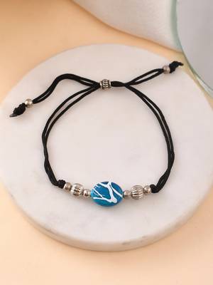 Silver plated beads & blue charm black thread anklet 4