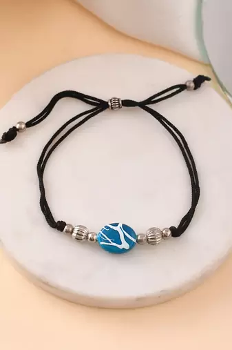 Silver plated beads & blue charm black thread anklet