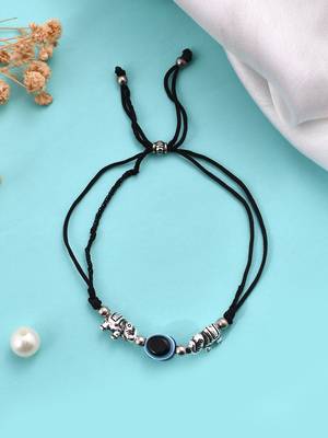 Silver plated elephante& evil eye beaded black threaded anklet 2