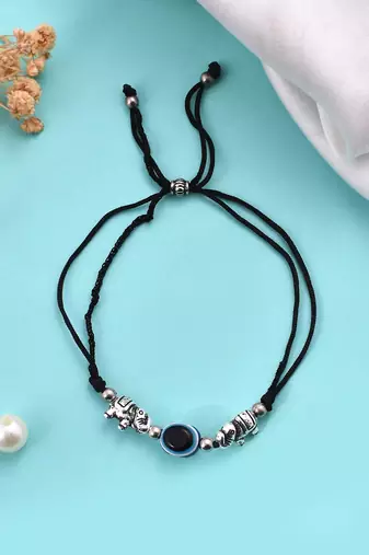 Silver plated elephante& evil eye beaded black threaded anklet