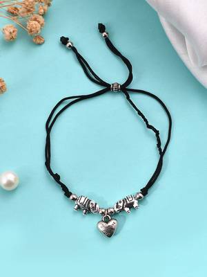 Silver plated elephant & heart charm beades threaded anklet 2