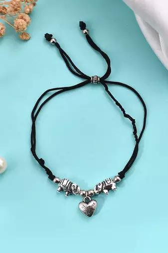 Silver plated elephant & heart charm beades threaded anklet