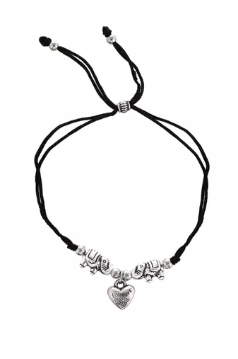 Silver plated elephant & heart charm beades threaded anklet