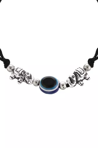 Silver plated elephante& evil eye beaded black threaded anklet