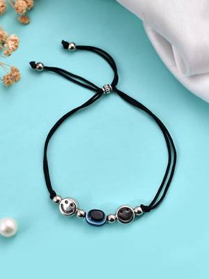 silver plated smile  blue evil eye  beaded threaded anklet 2