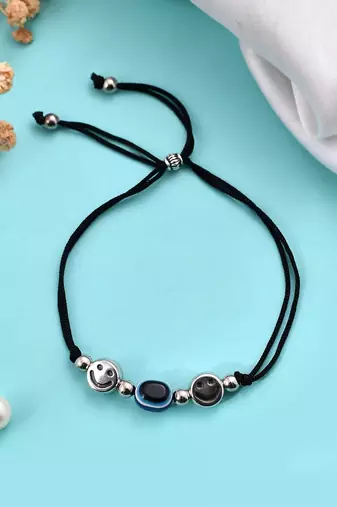 silver plated smile  blue evil eye  beaded threaded anklet