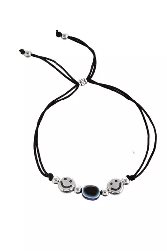 silver plated smile  blue evil eye  beaded threaded anklet