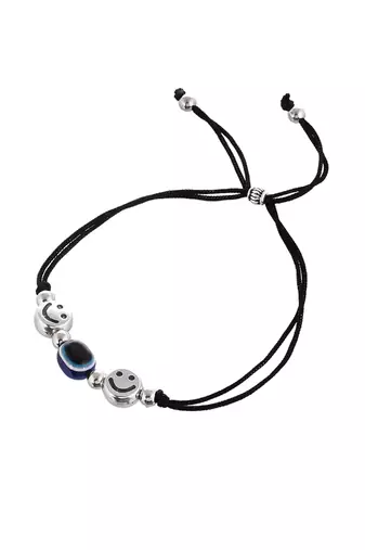 silver plated smile  blue evil eye  beaded threaded anklet