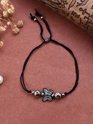 silver plated oxidised  butter fly  beaded threaded anklet 2