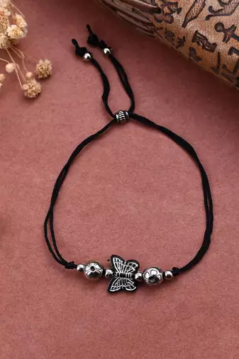 silver plated oxidised  butter fly  beaded threaded anklet