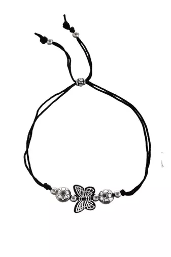silver plated oxidised  butter fly  beaded threaded anklet