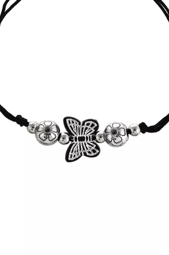 silver plated oxidised  butter fly  beaded threaded anklet