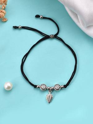 silver plated & oxidised leaf beaded threaded anklet 2
