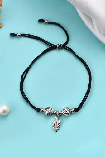 silver plated & oxidised leaf beaded threaded anklet