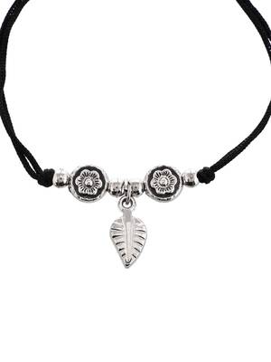 silver plated & oxidised leaf beaded threaded anklet 3