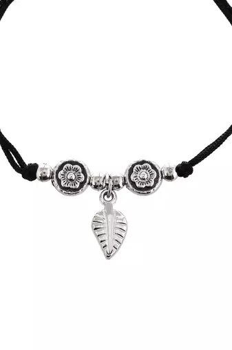 silver plated & oxidised leaf beaded threaded anklet