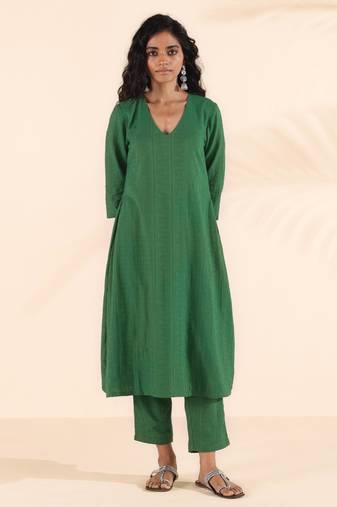 Truebrowns green cotton dobby kurta pant set