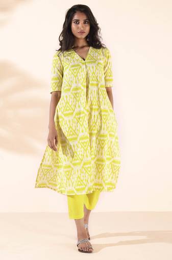 Truebrowns lime cotton ikat kurta pant set
