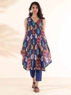  purple cotton ikat sleeveless kurta pant set 1