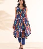  purple cotton ikat sleeveless kurta pant set