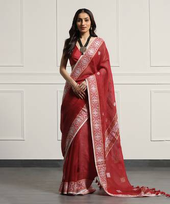 Multicolor Linen Handloom Jamdani On Linen Saree Without Blouse 1