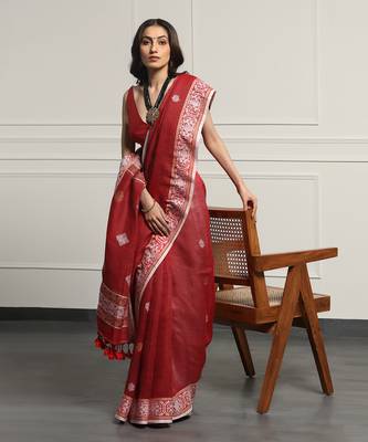Multicolor Linen Handloom Jamdani On Linen Saree Without Blouse 2