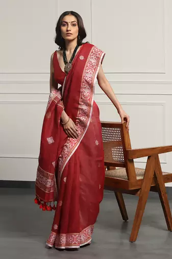 Multicolor Linen Handloom Jamdani On Linen Saree Without Blouse