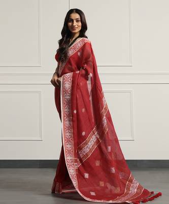 Multicolor Linen Handloom Jamdani On Linen Saree Without Blouse 3