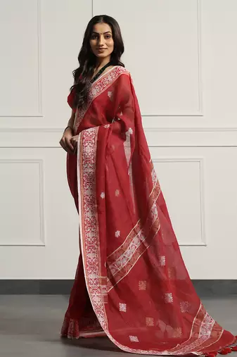 Multicolor Linen Handloom Jamdani On Linen Saree Without Blouse