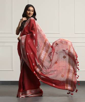 Multicolor Linen Handloom Jamdani On Linen Saree Without Blouse 5