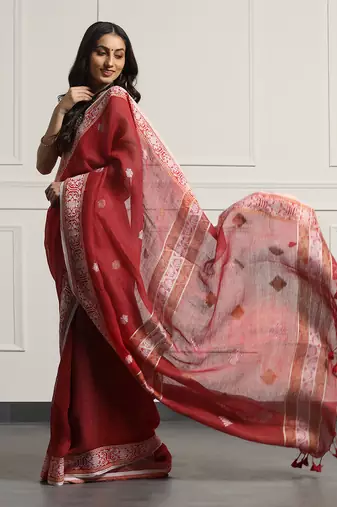 Multicolor Linen Handloom Jamdani On Linen Saree Without Blouse