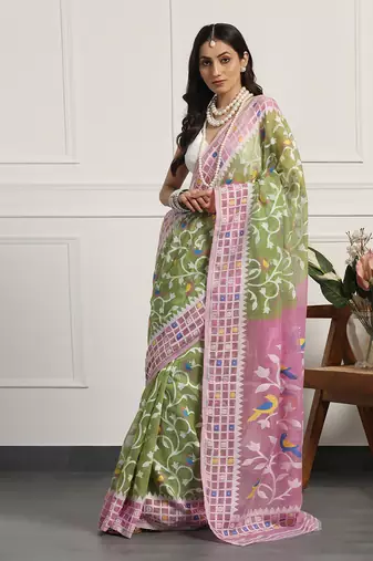 Multicolor  silk handloom jamdani on resham silk