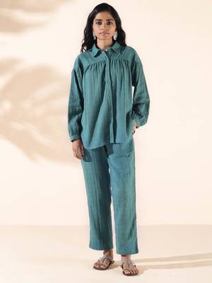 turquoise cotton dobby shirt co-ord set 1
