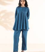 blue cotton dobby yoke co-ord set