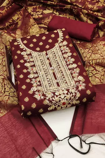 Red Modal Banarasi Jacquard Unstitched Dress Material