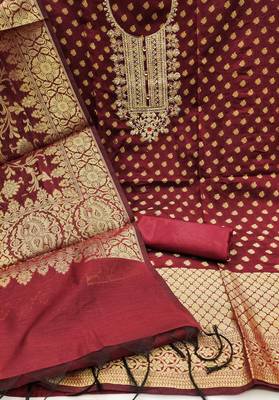 Red Modal Banarasi Jacquard Unstitched Dress Material 2